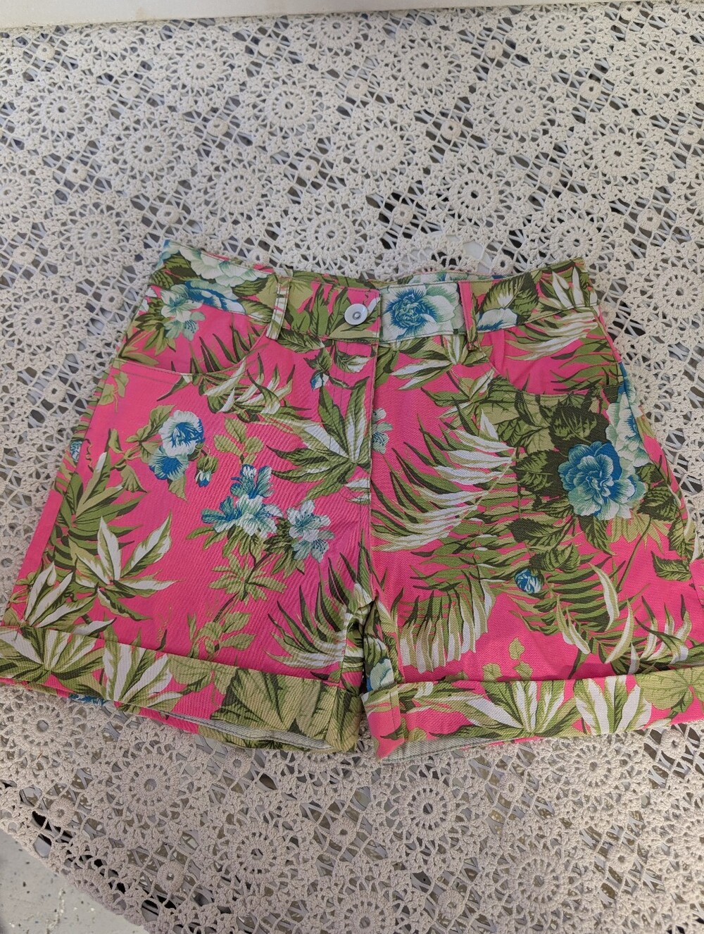 VINTAGE NEON  Pink Tropical Print Women's Shorts 1990s Stretch Fabric